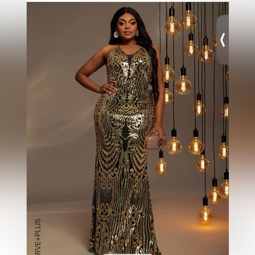 Long black and gold spaghetti strap dress